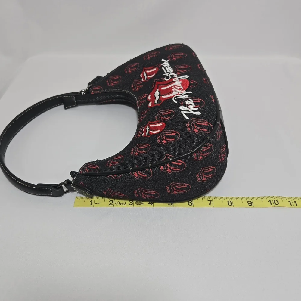 The Rolling Stones All-Over Tongue Logo Black Denim Small Hobo Bag